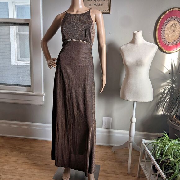 Vintage 90s Cache Metallic Maxi Dress Prom Gown Rhinestone Whimsygoth Size 7 - Picture 12 of 13